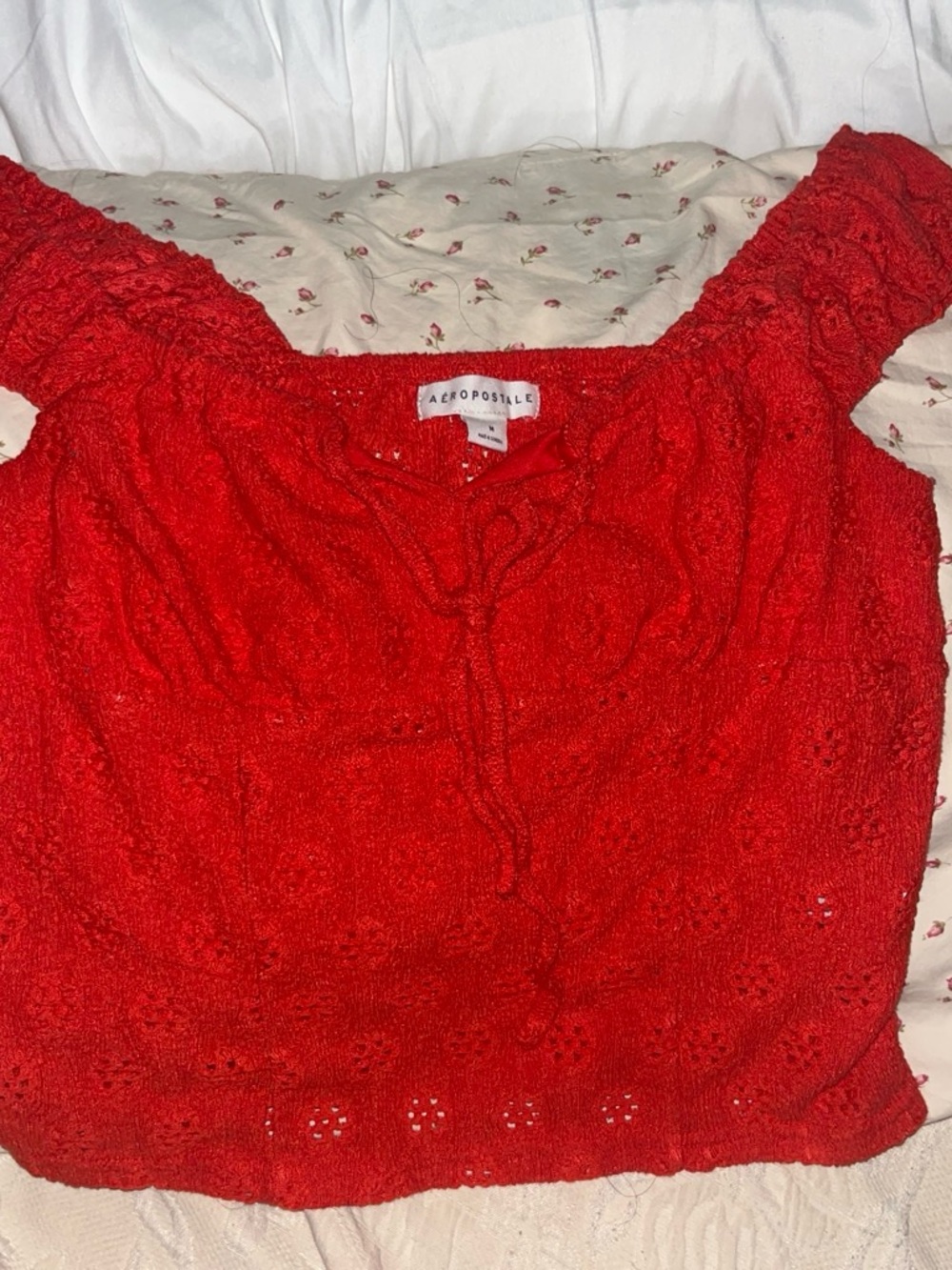 Aeropostale Bright Red Eyelet Off-the-Shoulder Crop Top